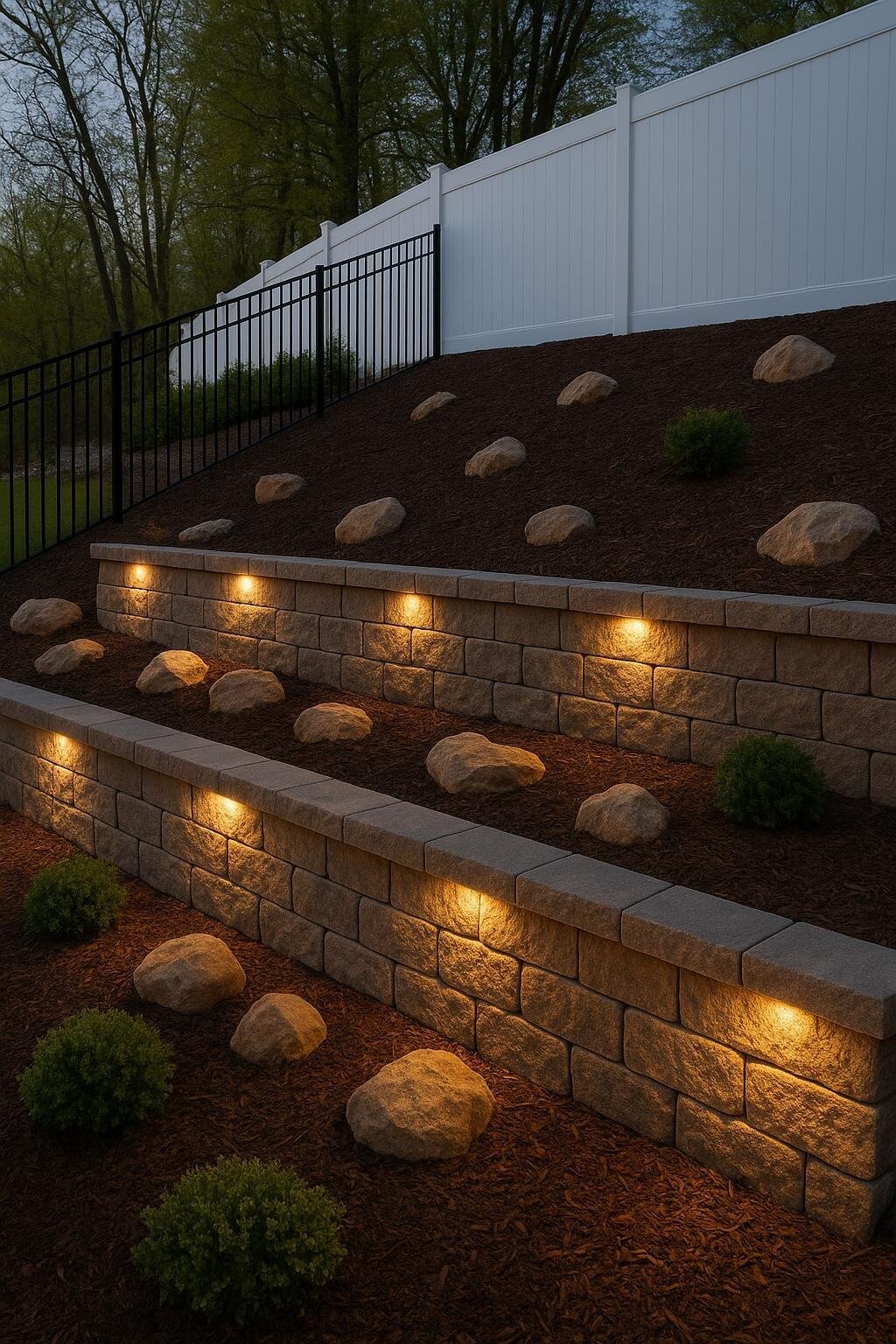 Outdoor landscape lighting highlighting stone retaining walls and landscaped garden bed.